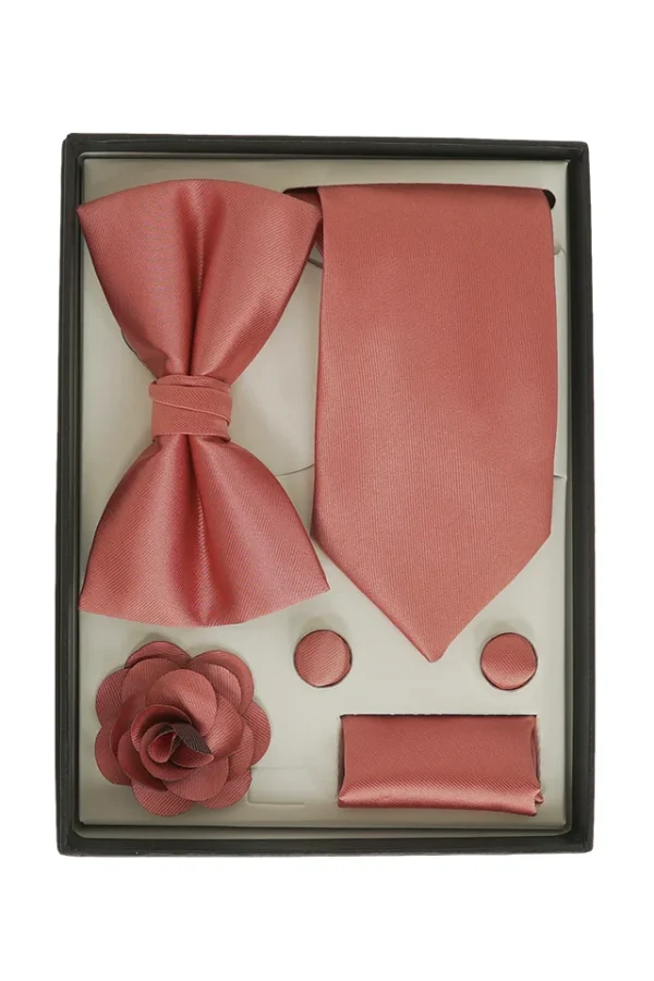 Set elegant 5 piese cravata, papion, batista, butoni, accesoriu rever, model Bewakoof, MENZ®, carmin