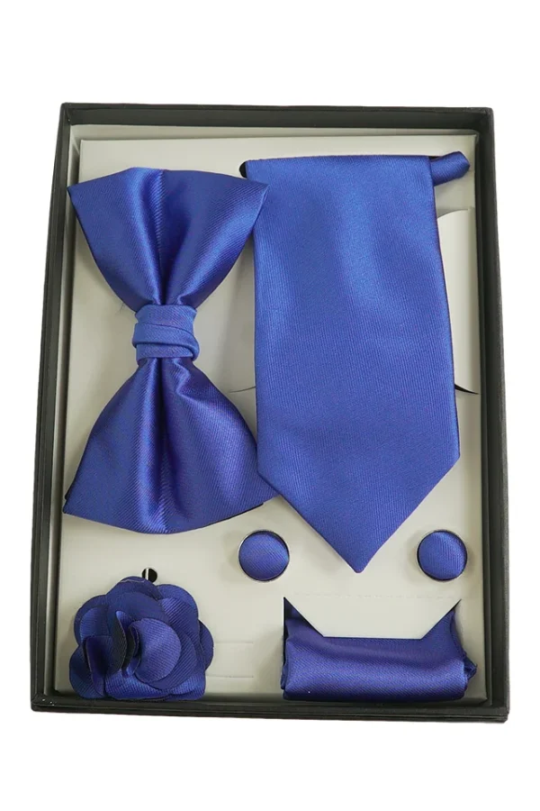 Set elegant 5 piese cravata, papion, batista, butoni, accesoriu rever, model Bewakoof, MENZ®, albastru electric