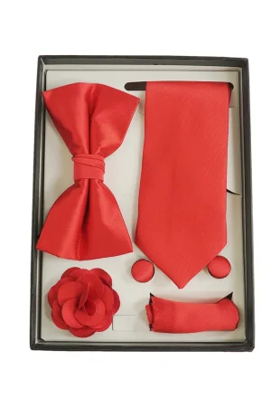 Set elegant 5 piese cravata, papion, batista, butoni, accesoriu rever, model Bewakoof, MENZ®, rosu