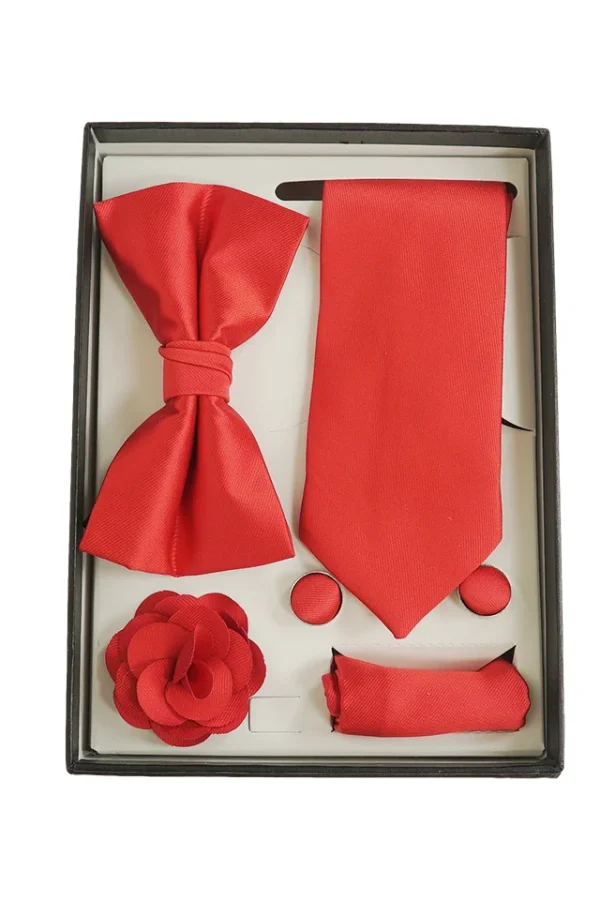 Set elegant 5 piese cravata, papion, batista, butoni, accesoriu rever, model Bewakoof, MENZ®, rosu