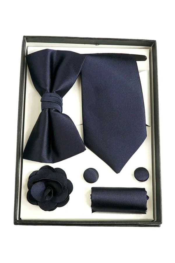 Set elegant 5 piese cravata, papion, batista, butoni, accesoriu rever, model Bewakoof, MENZ®, bleumarin