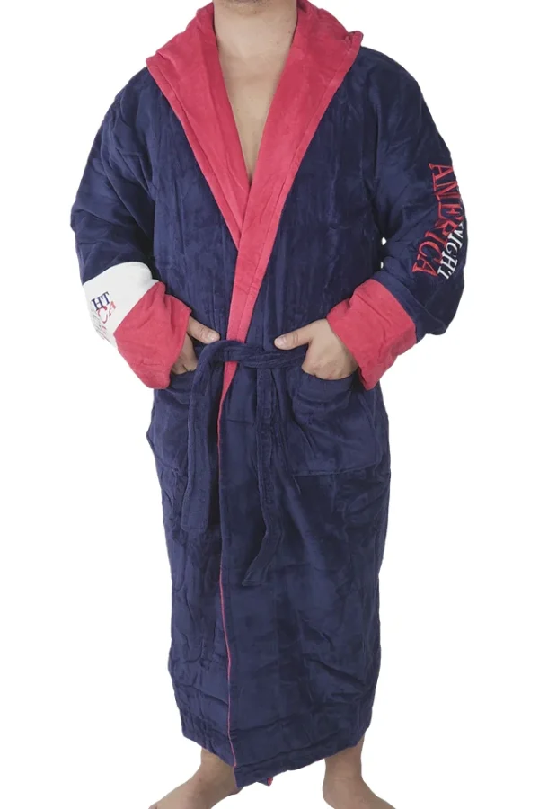 Halat de baie barbati, MENZ®, model G-N America, buzunare, gluga, cordon, bumbac, , bleumarin/rosu, XL
