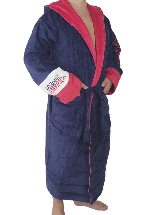 Halat de baie barbati, MENZ®, model G-N America, buzunare, gluga, cordon, bumbac, , bleumarin/rosu, XL - imagine 3