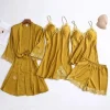 Set pijamale dama cu halat, Lady on top, 4 piese, satin, galben