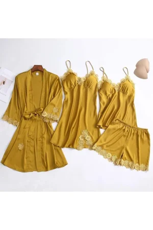 Set pijamale dama cu halat, Lady on top, 4 piese, satin, galben