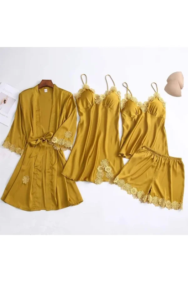 Set pijamale dama cu halat, Lady on top, 4 piese, satin, galben