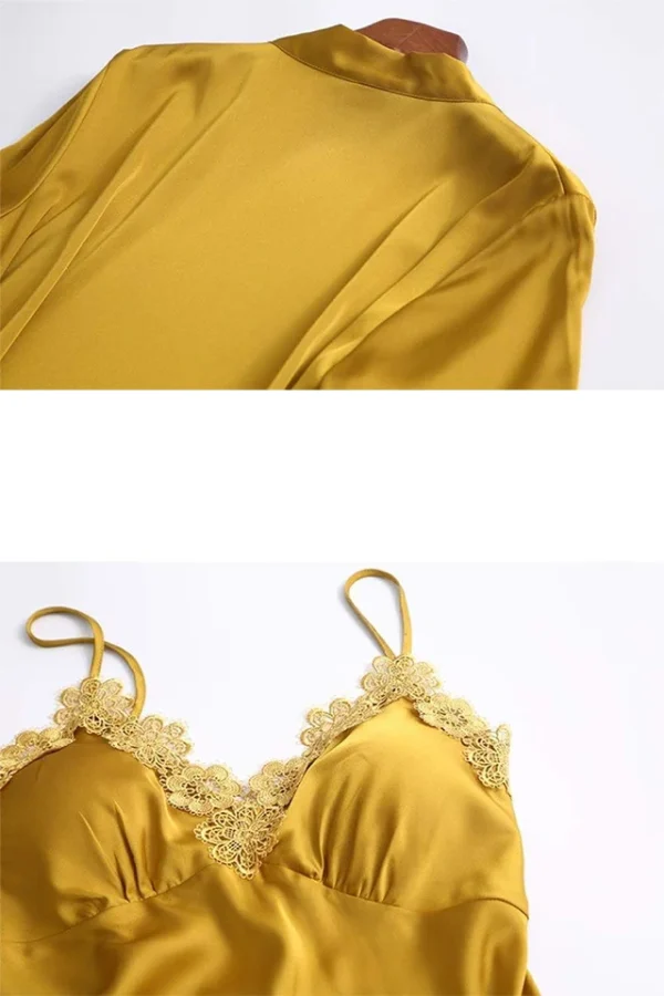 Set pijamale dama cu halat, Lady on top, 4 piese, satin, galben - imagine 3