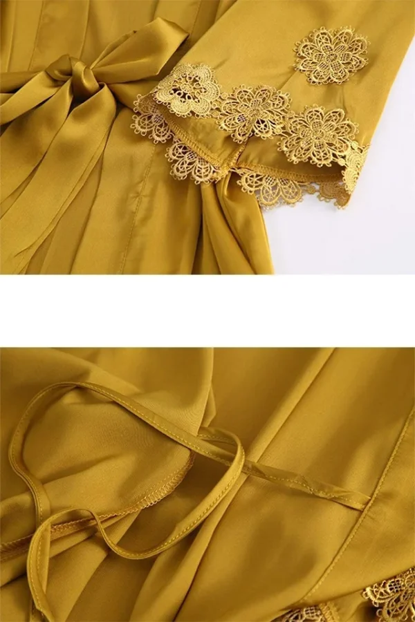 Set pijamale dama cu halat, Lady on top, 4 piese, satin, galben - imagine 2