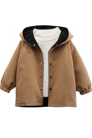 Geaca pentru baieti, MENZ®, model Keep Moving, stil trench, bumbac, reversibila (2 fete), capse, mansete, negru-maro, 98-106 cm