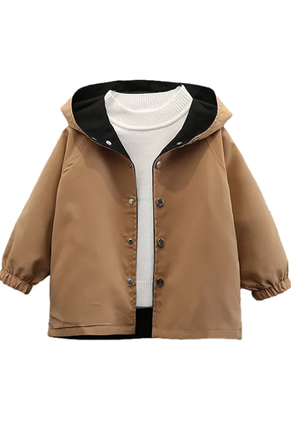 Geaca pentru baieti, MENZ®, model Keep Moving, stil trench, bumbac, reversibila (2 fete), capse, mansete, negru-maro, 98-106 cm