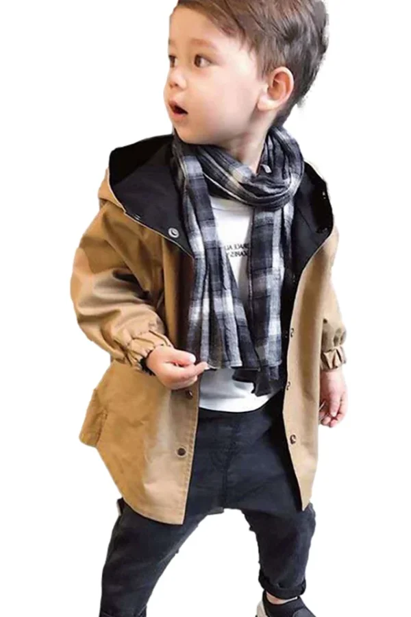 Geaca pentru baieti, MENZ®, model Keep Moving, stil trench, bumbac, reversibila (2 fete), capse, mansete, negru-maro, 98-106 cm - imagine 5