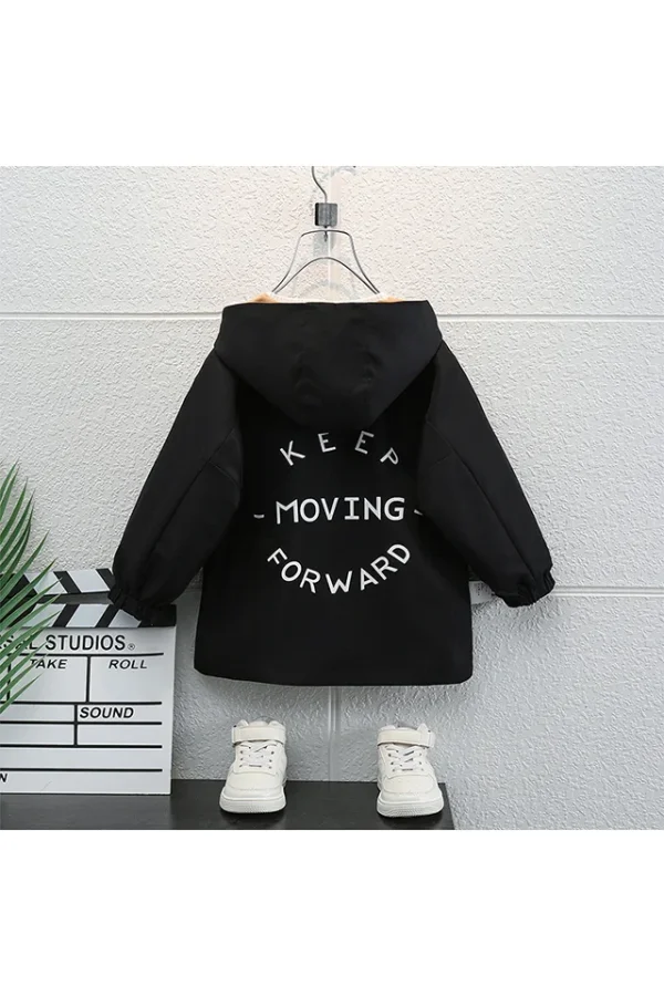 Geaca pentru baieti, MENZ®, model Keep Moving, stil trench, bumbac, reversibila (2 fete), capse, mansete, negru-maro, 98-106 cm - imagine 3