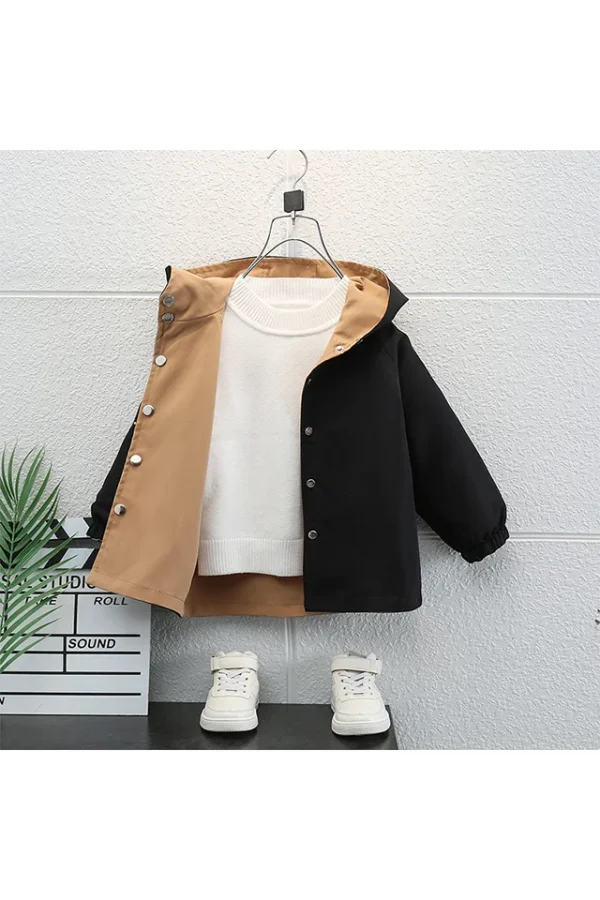 Geaca pentru baieti, MENZ®, model Keep Moving, stil trench, bumbac, reversibila (2 fete), capse, mansete, negru-maro, 98-106 cm - imagine 4