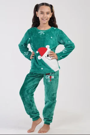 Pijamale copii, fetite, Vienetta, Soft & Pure, model de Craciun - Don t Gwor Up, cocolino, mansete, verde