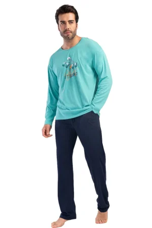Pijamale barbati, Vienetta Man, model Strong Frog, bumbac, buzunare, turcoaz/bleumarin