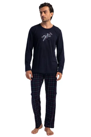 Pijamale barbati, Vienetta man, model Cosmos, bumbac, buzunare, carouri, bleumarin
