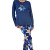Pijamale dama, Vienetta, model Blue Flower, bumbac, pantaloni lungi si maneci lungi, bleumarin