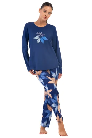 Pijamale dama, Vienetta, model Blue Flower, bumbac, pantaloni lungi si maneci lungi, bleumarin