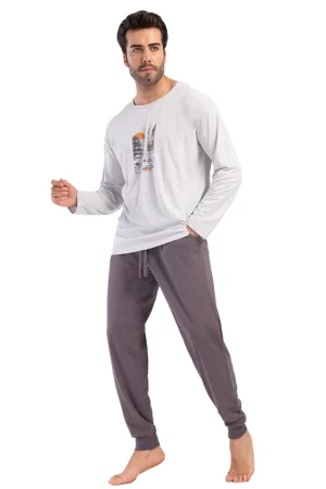 Pijamale barbati, Vienetta Man, model Town, bumbac, buzunare, mansete, gri