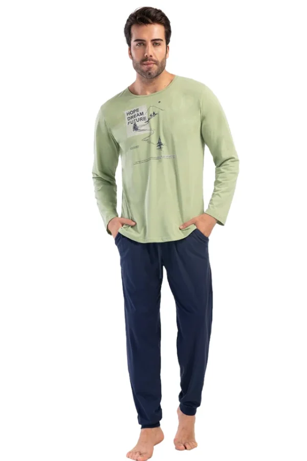 Pijamale barbati, Vienetta Man, model Hope Dream Future, bumbac, buzunare, mansete, vernil/bleumarin