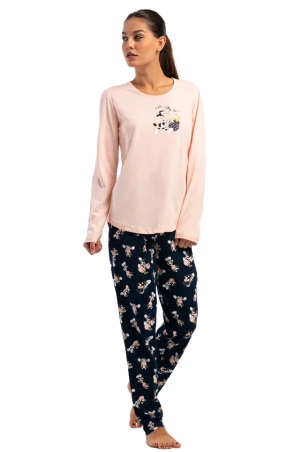 Pijamale dama, Vienetta, model Melly, bumbac, pantaloni si maneci lungi, bumbac, bleumarin/roz