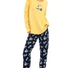 Pijamale dama, Vienetta, model Melly, bumbac, pantaloni si maneci lungi, bumbac, bleumarin/galben
