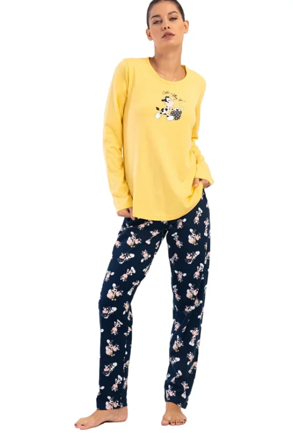 Pijamale dama, Vienetta, model Melly, bumbac, pantaloni si maneci lungi, bumbac, bleumarin/galben