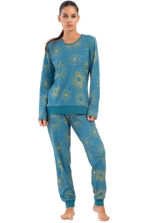 Pijamale dama, Vienetta, model Sunrise, bumbac, mansete, albastru turcoaz