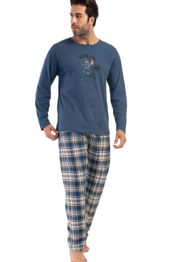 Pijamale barbati, Vienetta Man, model Wake Up, bumbac, buzunare, bleumarin
