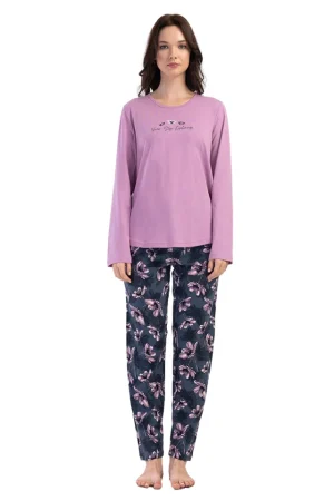 PIjamale dama, Vienetta, model Never Stay, bumbac, pantaloni si maneci lungi, bleumarin/roz prafuit