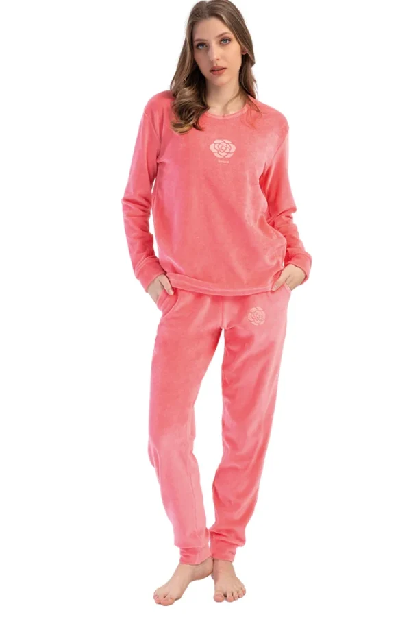 Pijamale dama, Vienetta, model Brave, velur/catifea, buzunare, mansete, corai