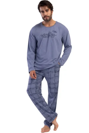 Pijamale barbati, Vienetta Man, model Legendary Vintage Machines, bumbac, buzunare, albastru denim