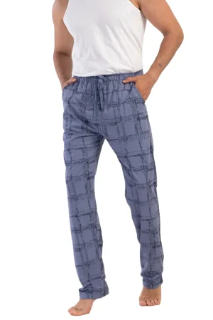 Pantaloni de pijama barbati, Vienetta Man, model Cozian, bumbac, carouri, buzunare, albastru denim