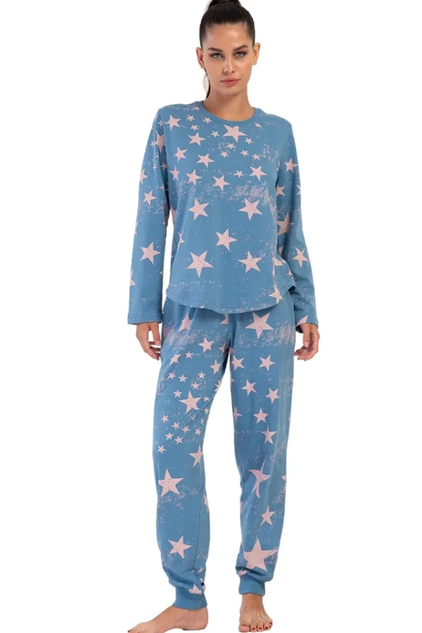 Pijama dama, Vienetta, model Puffy Pink, bumbac, usor vatuita, buzunare, mansete, albastru