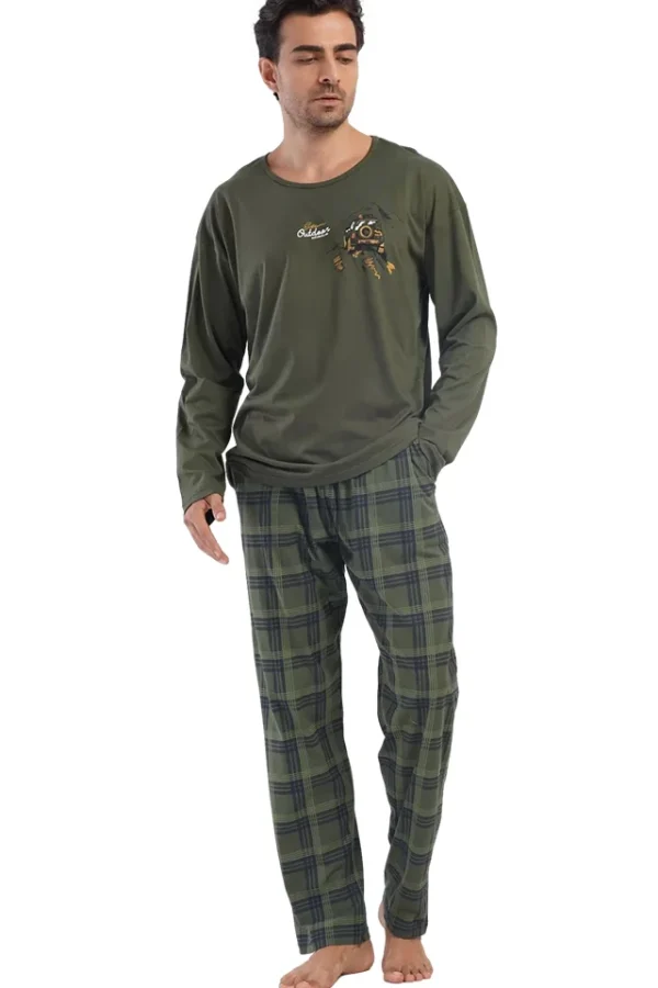 Pijama barbati, Vienetta Man, model Like a Offroad, bumbac, buzunare, carouri, verde militar
