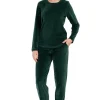 Pijamale dama, Vienetta, model Abstract green, velur/catifea, buzunare, mansete, verde inchis