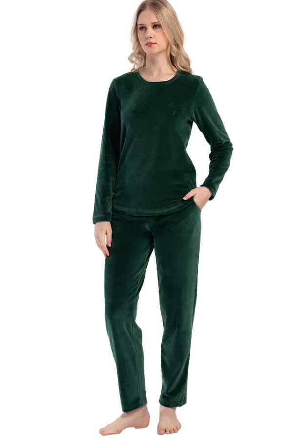 Pijamale dama, Vienetta, model Abstract green, velur/catifea, buzunare, mansete, verde inchis