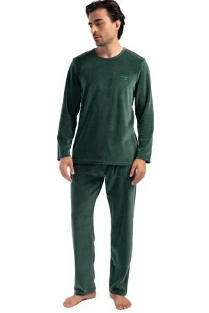 Pijamale barbati, Vienetta Man, model Cube Green, catifea/velur, buzunare, verde inchis