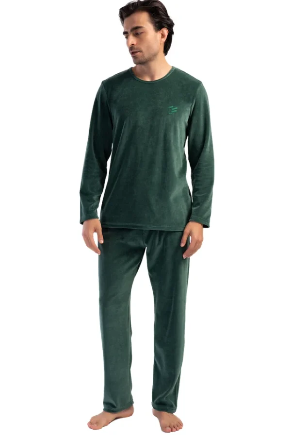 Pijamale barbati, Vienetta Man, model Cube Green, catifea/velur, buzunare, verde inchis
