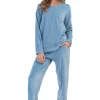 Pijamale dama, Vienetta, model Abstract Kitty, velur/catifea, buzunare, albastru deschis