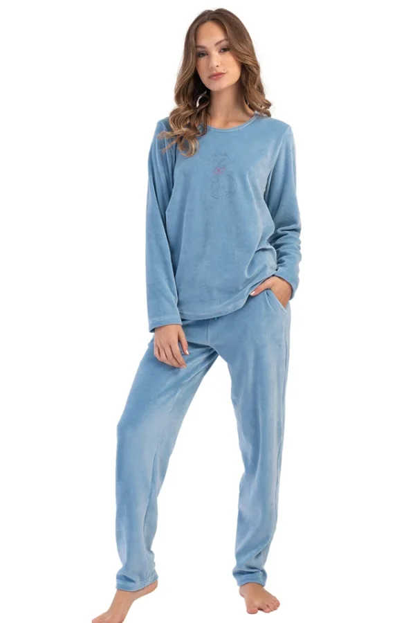 Pijamale dama, Vienetta, model Abstract Kitty, velur/catifea, buzunare, albastru deschis