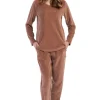 Pijamale dama, Vienetta, model Abstract Cutie, velur/catifea, buzunare, caramiziu