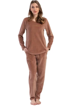 Pijamale dama, Vienetta, model Abstract Cutie, velur/catifea, buzunare, caramiziu