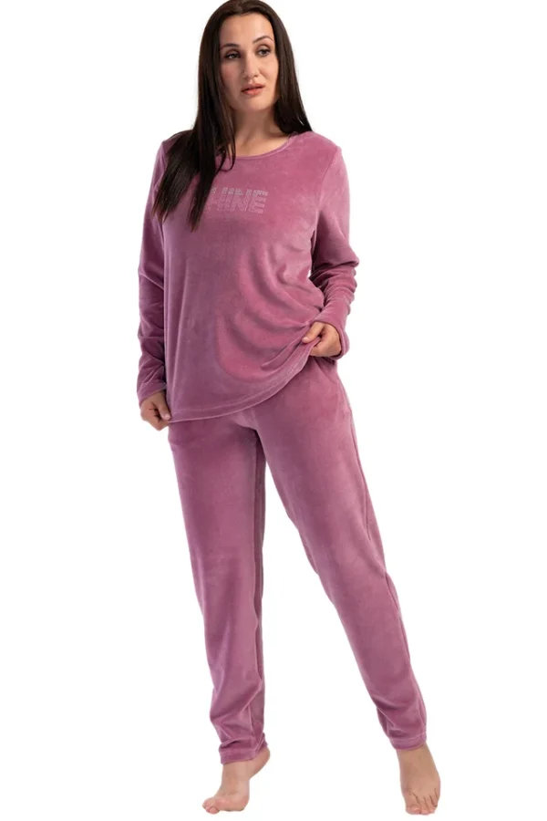 Pijamale dama, Vienetta, model Abstract Mine, velur/catifea, buzunare, roz plamaniu