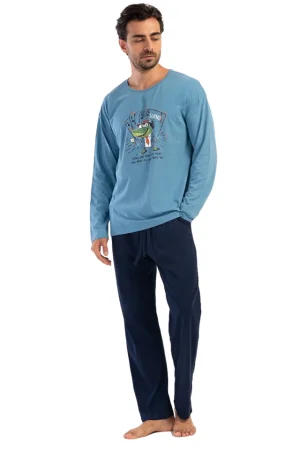 Pijamale barbati, Vienetta Man, model Lucky, bumbac, buzunare, albastru/bleumarin