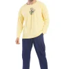 Pijamale barbati, Vienetta Man, model Ursuletul la chitara, bumbac, buzunare, uni, galben/bleumarin
