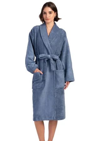 Halat dama de baie, Vienetta, model Clasic Women Robe, buzunare, cordon, bumbac, albastru