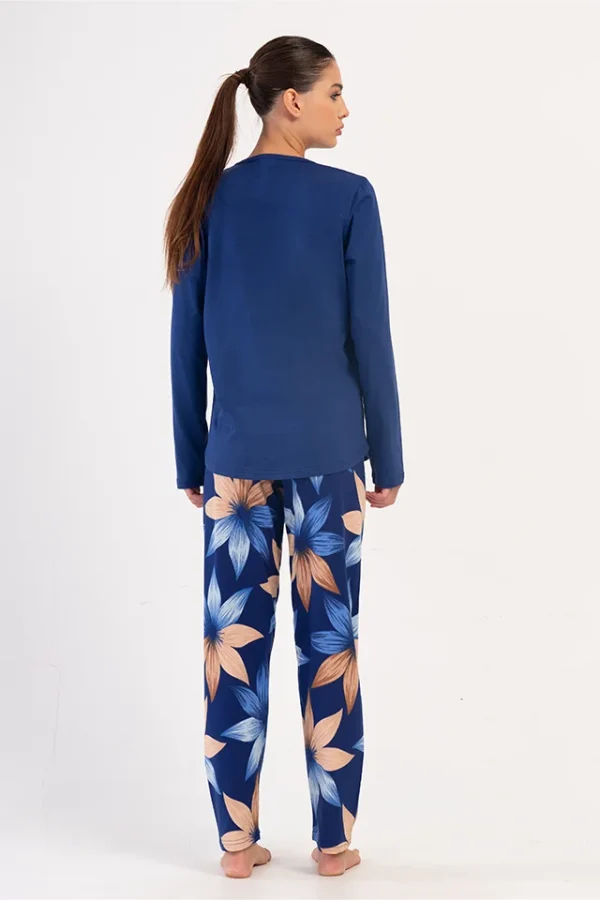 Pijamale dama, Vienetta, model Blue Flower, bumbac, pantaloni lungi si maneci lungi, bleumarin - imagine 2