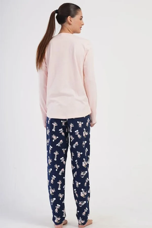 Pijamale dama, Vienetta, model Melly, bumbac, pantaloni si maneci lungi, bumbac, bleumarin/roz - imagine 2