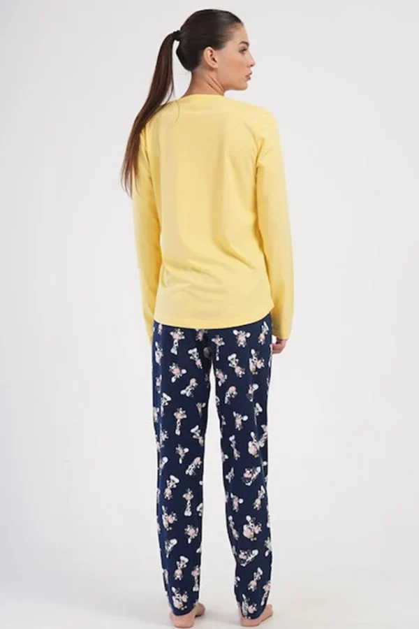 Pijamale dama, Vienetta, model Melly, bumbac, pantaloni si maneci lungi, bumbac, bleumarin/galben - imagine 2